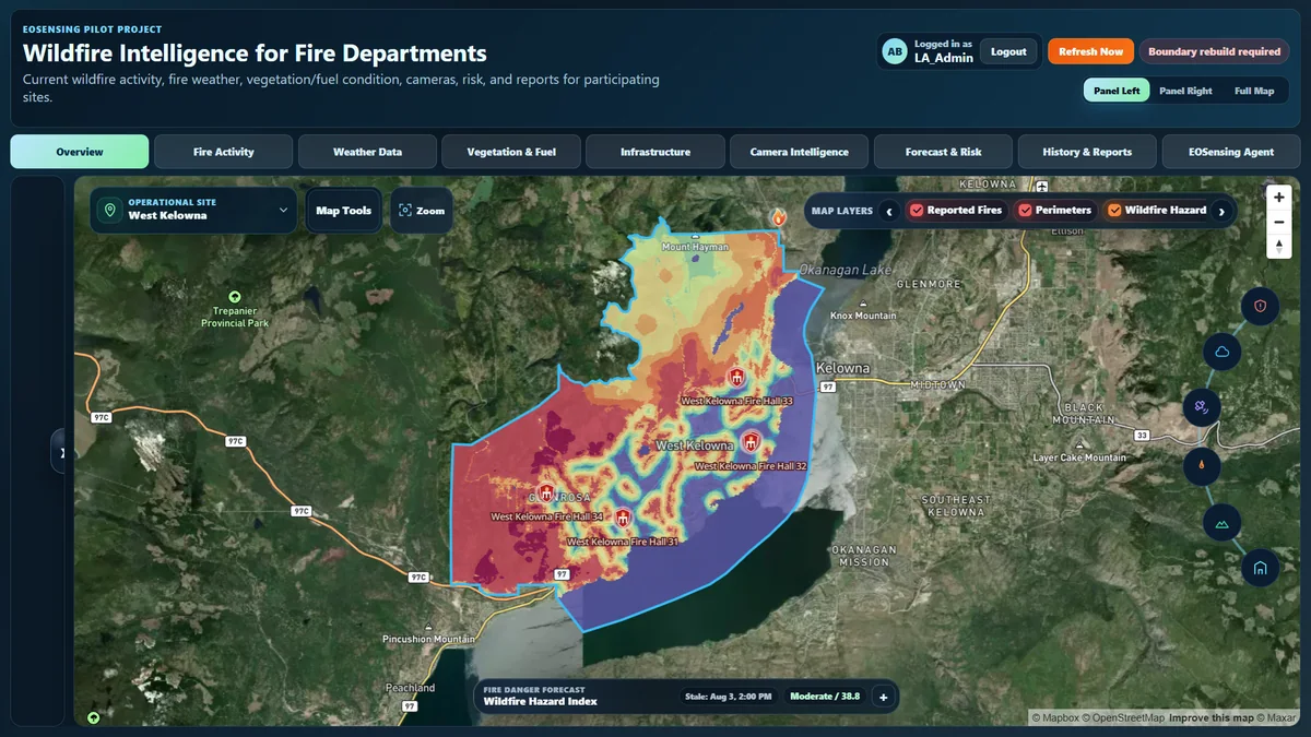 EOSensing map workspace connecting incident and environmental context