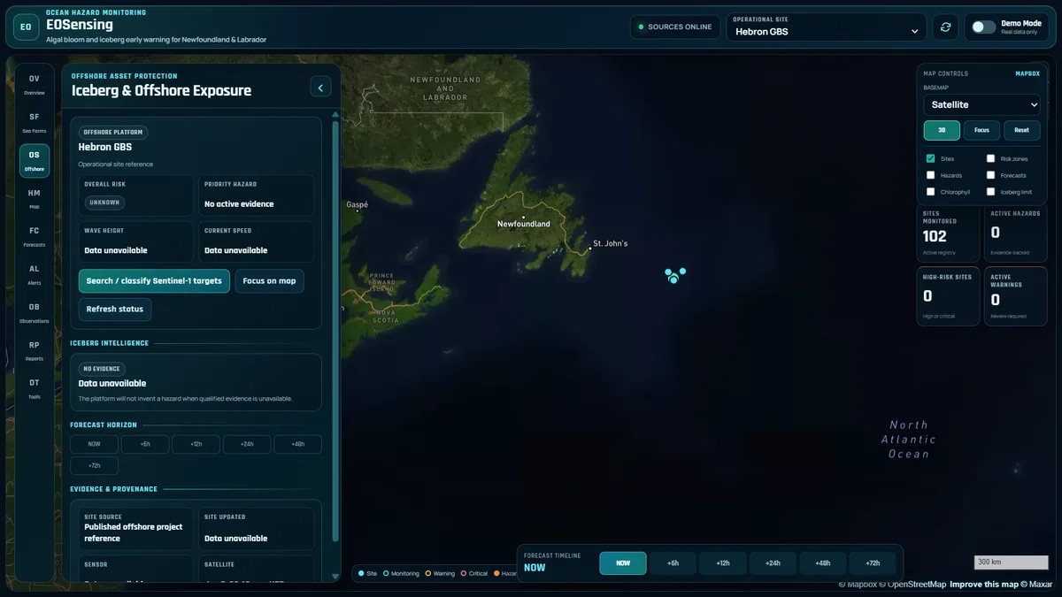 EOSensing Ocean Hazard Monitoring showing Newfoundland and Labrador and the offshore exposure panel for Hebron GBS.
