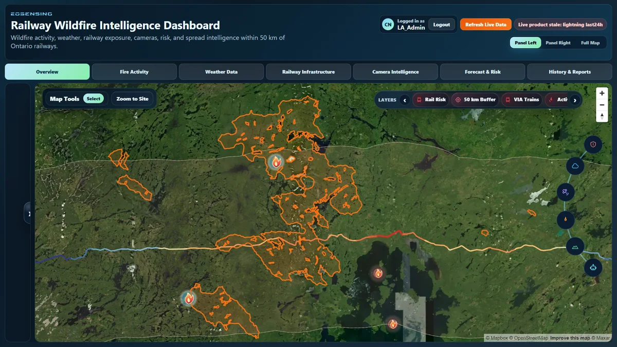 Railway Wildfire Intelligence Dashboard showing Ontario railway segments and nearby fires on a satellite map.