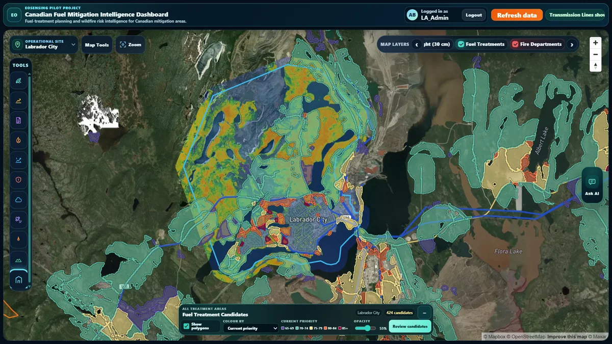 Fuel mitigation dashboard showing Labrador City, treatment candidates and their priority legend.